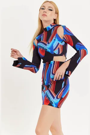 House of Holland Womens Abstract Print Mini Dress With Cut Out Details And Sleeve Slit - - 12