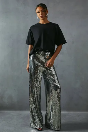MissPap Womens Sequin Mid Rise Elastic Waist Wide Leg Trouser - - 8