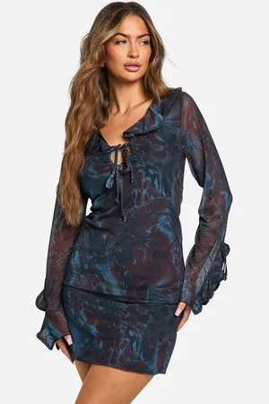 Boohoo Womens Ruffle Printed Mesh Mini Dress - - 18