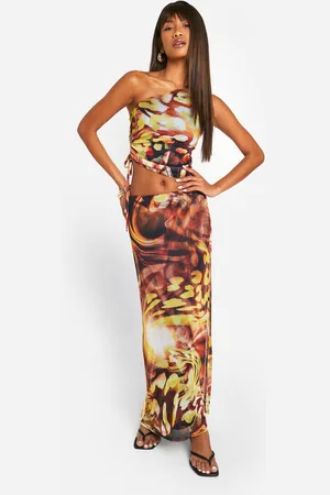Boohoo Womens Abstract Print One Shoulder Crop & Maxi Skirt - - 16