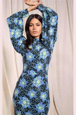 Dancing Leopard Womens Zoe Floral Print Midi Dress Stylish Stretchy Funnel Neck Outfit - - 6