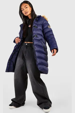 Boohoo Womens Quilted Faux Fur Hood Parka Coat - - 14