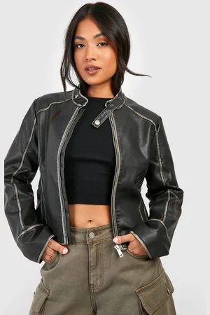 Boohoo Womens Petite Vintage Look Moto Faux Leather Jacket - - 16