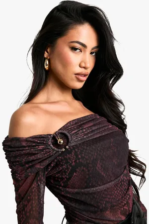 Boohoo Womens Printed Mesh Trim Detail Bardot Top - - 6