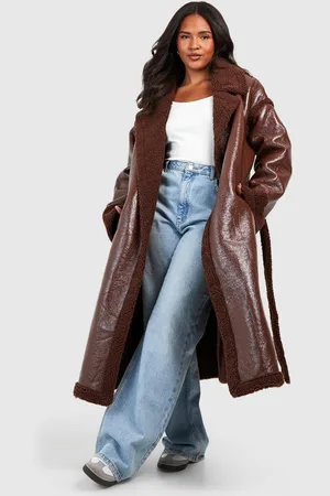 Boohoo Womens Plus Teddy Trim Vinyl Belted Coat - - 22