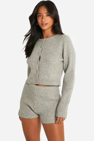 Boohoo Womens Petite Ribbed Cropped Cardigan And Micro Short Co Ord - - L