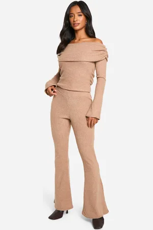 Boohoo Womens Petite Brushed Rib Foldover Flare Trouser - - 6