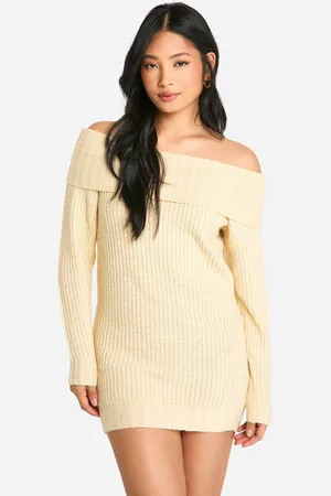 Boohoo Womens Petite Wide Rib Bardot Neckline Mini Jumper Dress - - L