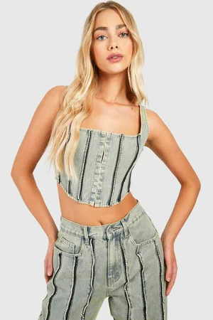 Boohoo Womens Diamante Detail Dirty Wash Denim Corset Top - - 16