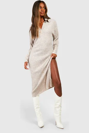 Boohoo Womens Wide Rib Knit Collared Soft Jumper Dress - - M