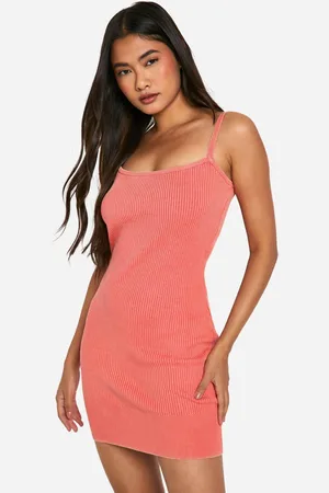 Boohoo Womens Acid Wash Rib Knit Scoop Strappy Mini Dress - - 14