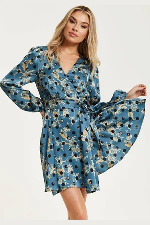 Liquorish Womens Gold Floral And Black Polka Dot Print Mini Wrap Dress With Long Sleeves In Petrol Blue - - 12