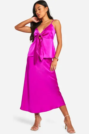 Boohoo Womens Satin Knot Front Cami & Bias Midi Skirt - - 14