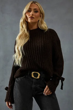 MissPap Womens Knitted Tie Sleeve Oversized Jumper - - XS/S