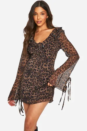 Boohoo Womens Leopard Chiffon Ruffle Shift Dress - - 16