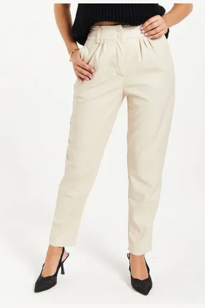 Liquorish Womens Tapered Leather Look Trousers in Cream - - 14