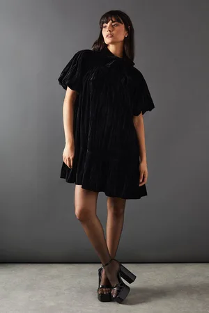warehouse Womens Velvet Crinkle Tie Neck Puff Sleeve Tier Hem Mini Dress - - 10