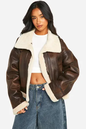 Boohoo Womens Petite Vintage Faux Leather High Neck Aviator - - 16