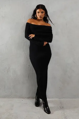 MissPap Womens Knitted Rib Pleated Bardot Long Sleeve Maxi Dress - - S/M