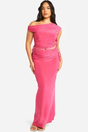 Boohoo Womens Plus Double Slinky Asymmetric Top & Fold Over Skirt Co Ord - - 18
