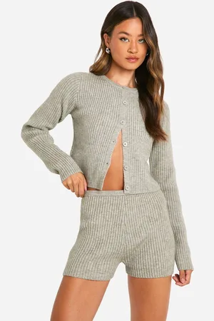 Boohoo Womens Tall Ribbed Cropped Cardigan And Micro Short Co Ord - - L