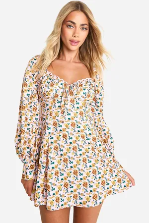 Boohoo Womens Floral Crochet Trim Puff Sleeve Milkmaid Skater Dress - - 14