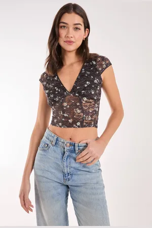 Pink Vanilla Womens Ditsy Lace Print Cap Sleeve Top - - L