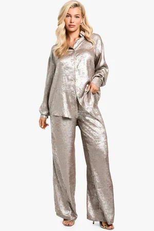 Boohoo Womens Metallic Diamante Satin Wide Leg Trousers - - 12