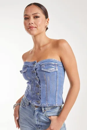Pink Vanilla Womens Metallic Silver Foil Denim Corset Top - - L