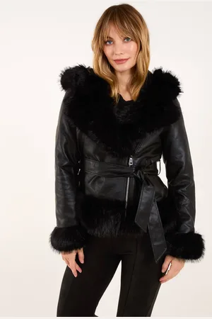 Blue Vanilla Womens Hooded Zip Fur Cropped Leather Look Jacket - - 8
