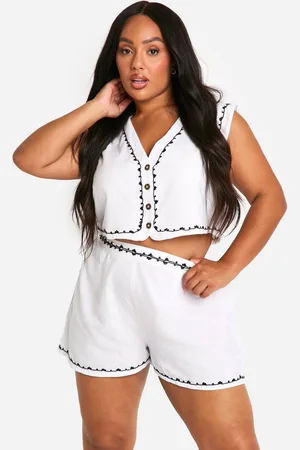 Boohoo Womens Plus Embroidered Linen Look Waistcoat And Short Set - - 26