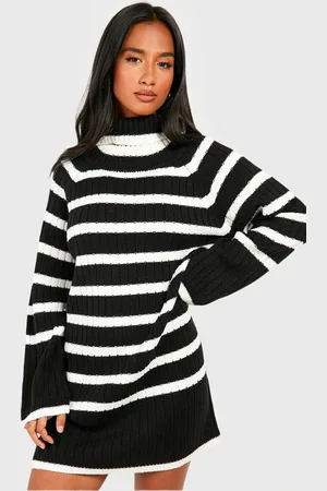 Boohoo Womens Petite Roll Neck Wide Sleeve Stripe Jumper Dress - - 16
