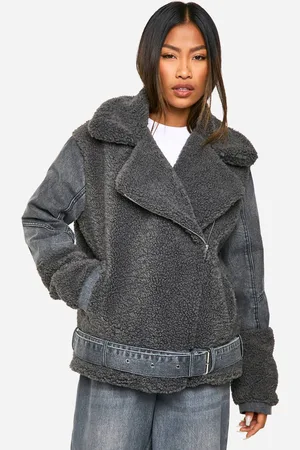 Boohoo Womens Teddy Faux Fur Denim Aviator - - 14