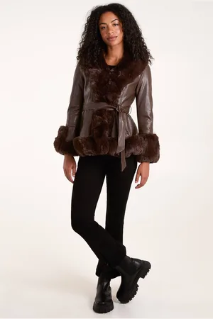 Blue Vanilla Womens Faux Fur PU Coat With Belt - - 12