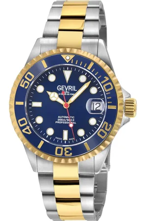 Gevril Wall Street Dark Blue Enamel Dial, Ceramic Blue Bezel, 316L Stainless Steel Two toned IPYG Bracelet Watch. - - One Size
