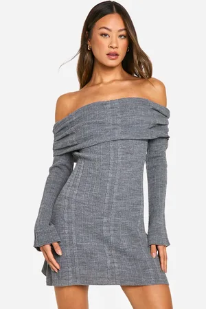 Boohoo Womens Tall Bardot Cable Knit Skater Dress - - L