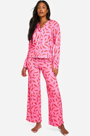 Boohoo Womens Tall Chilli Print Long Sleeve Shirt & Trousers Pyjama Set - - 8