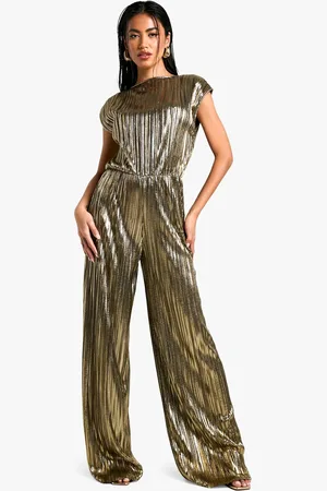 Boohoo Womens Metallic Plisse Cap Sleeve Jumpsuit - - 10