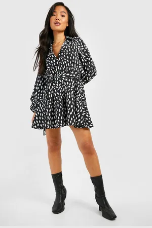 Boohoo Womens Petite Smudge Print Skater Shirt Dress - - 14