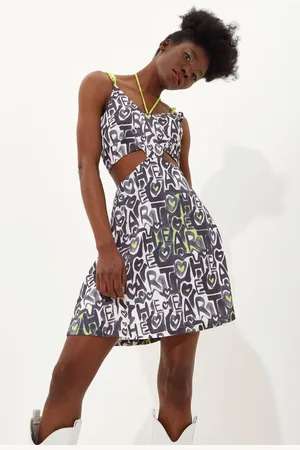 House of Holland Womens Abstract Print Mini Dress With Waist Cutouts With A Tie Neck And Chain Straps - - 16