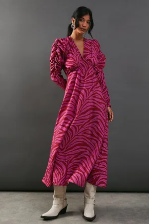 warehouse Womens Zebra Print Viscose V Neck Long Puff Sleeve Midi - 10