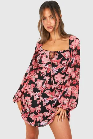 Boohoo Womens Textured Floral Balloon Sleeve Milkmaid Mini Dress - - 16