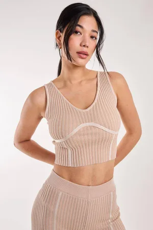 Pink Vanilla Womens Two Tone Rib Corset Detail Top - - M/L