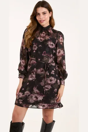 Blue Vanilla Womens High Neck Floral Dress With Tie - - 14