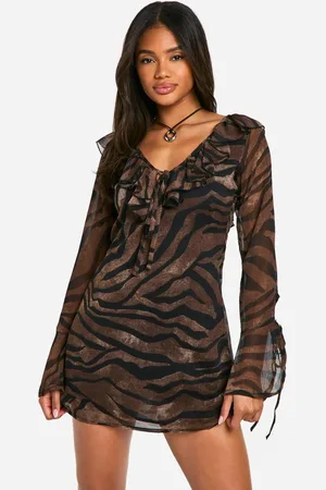 Boohoo Womens Printed Chiffon Ruffle Shift Dress - - 18