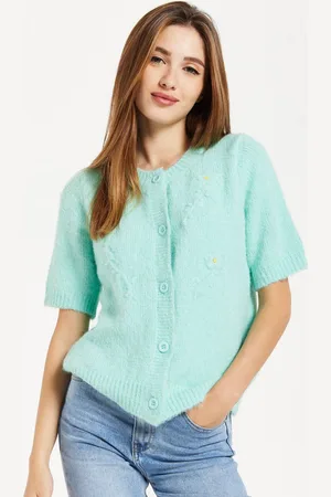 Liquorish Womens Turquoise Knitted Floral Short Sleeve Cardigan - - One Size