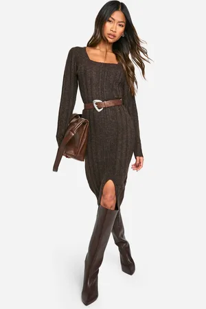 Boohoo Womens Square Neck Mixed Rib Knitted Midaxi Dress - - M