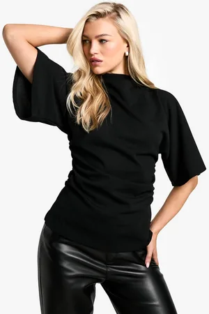 Boohoo Womens Jersey Crepe High Neck Flared Sleeve Blouse - - 16