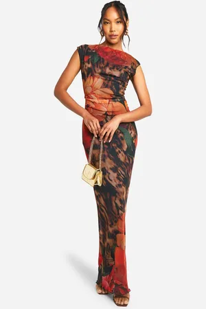Boohoo Womens Floral Leopard Printed Mesh Maxi Dress - - 12