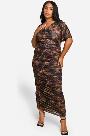 Boohoo Womens Plus Abstract Printed Cowl Neck Ruched Midaxi Dress - - 28